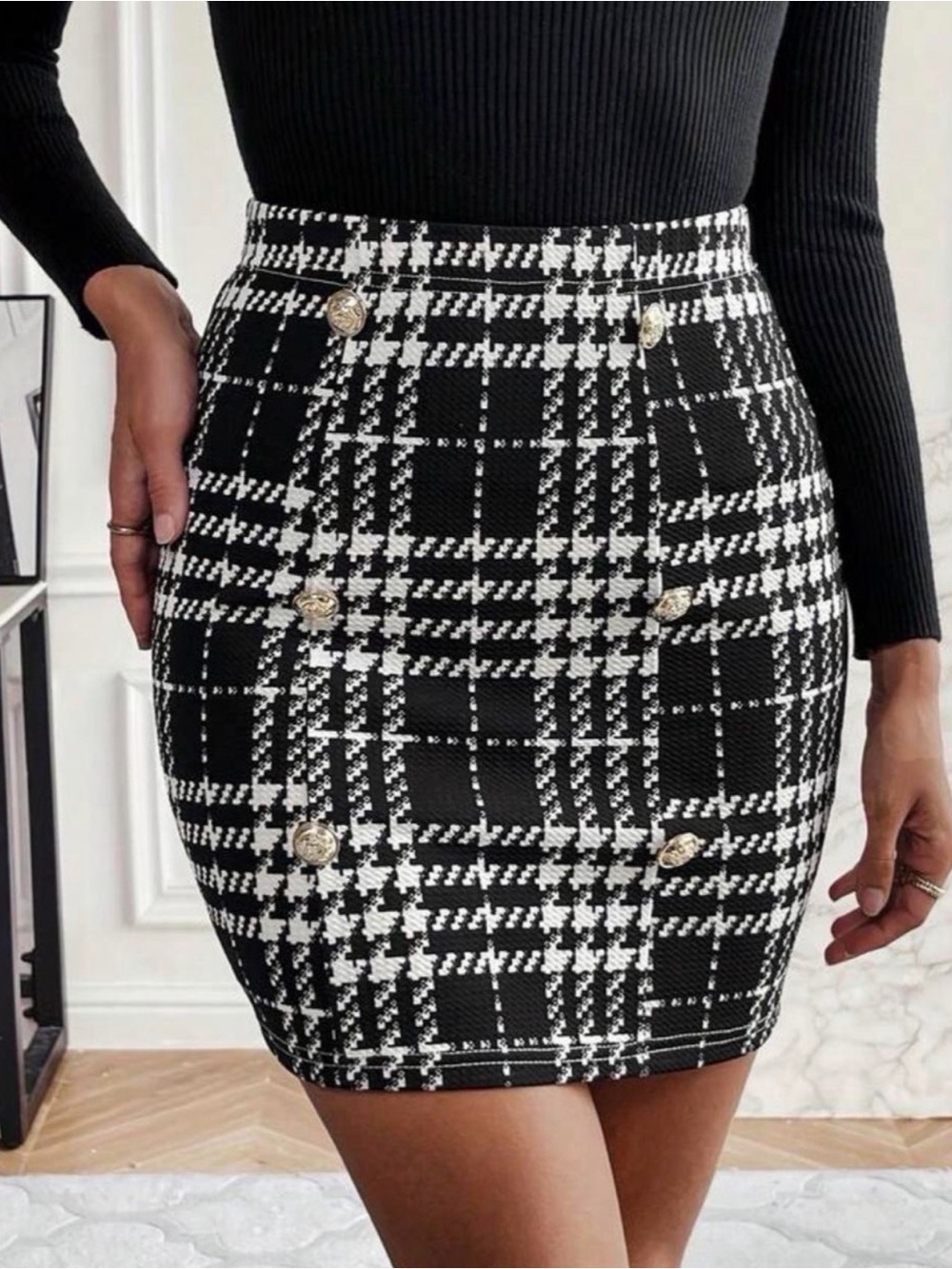 Black & White Plaid Button-Accent Mini Skirt